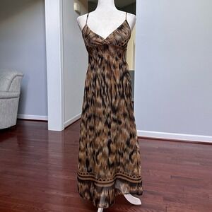 Vintage She's Cool Brown Unique Pattern Plunge Sexy Summer Maxi Sun Dress